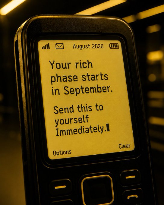A close-up of an old-style mobile phone displays a text message dated August 2026 that reads "Your rich phase starts in September. Send this to yourself Immediately." with Options and Clear menu prompts, reinforcing the post's call to "SEND TO YOURSELF AND LOCK IN."