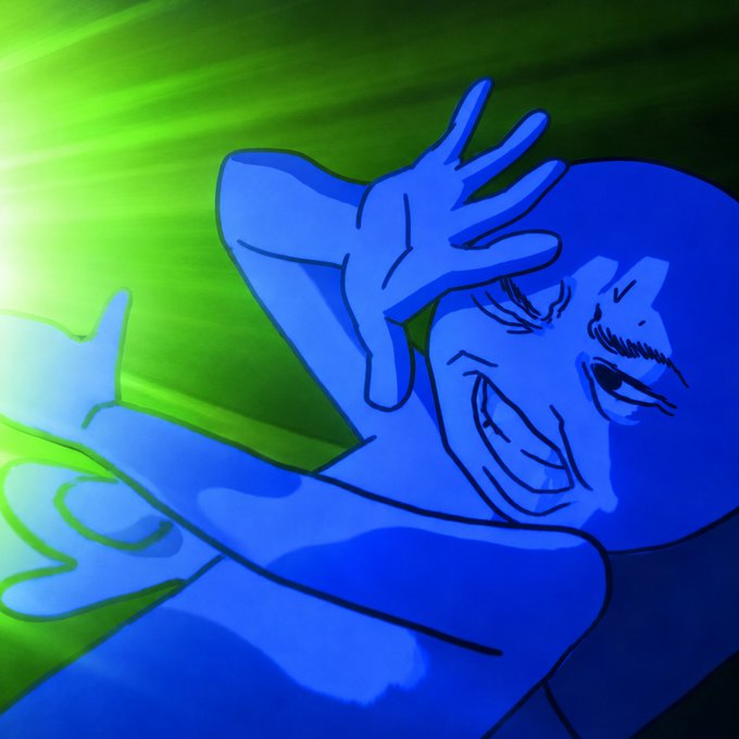 A stylized digital illustration of a blue-skinned character with slicked-back hair, a mustache, and a glowing green aura in an expressive pose.