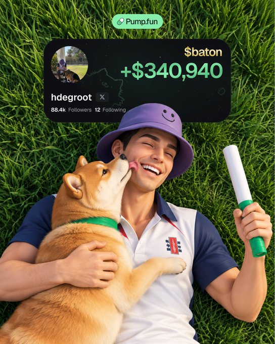 A man in a purple smiley-face bucket hat hugs a Shiba Inu dog on grass, with a Pump.fun overlay showing the username "hdegroot" holding "$baton" worth +$340,940.