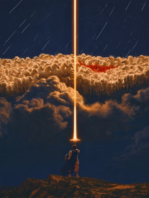 Fantasy digital painting of a lone armored figure standing on a rocky peak at night, gazing up at a glowing golden beam of light piercing through dramatic clouds beneath a starry, meteor-filled sky.
