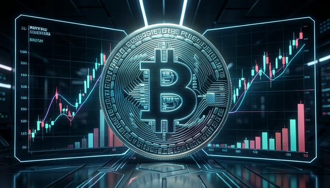 A large, glowing 3D Bitcoin logo centered in front of three curved digital screens displaying financial candlestick charts and bar graphs.