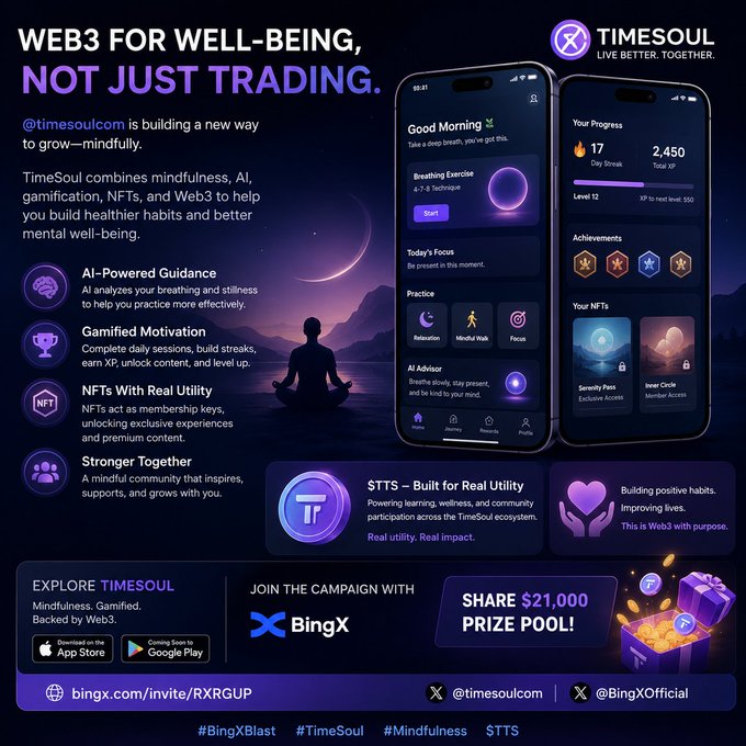 A promotional graphic for TimeSoul (@timesoulcom) advertising a Web3 mindfulness app with features including AI-Powered Guidance, Gamified Motivation, and NFTs With Real Utility, partnered with BingX offering a $21,000 prize pool.