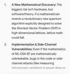 A list noting that 'A New Mathematical Discovery: The biggest risk isn't hardware, but software/theory,' referencing quantum algorithms for the Shortest Vector Problem (SVP). It also mentions 'Implementation & Side-Channel Vulnerabilities' for ML-DSA-87.