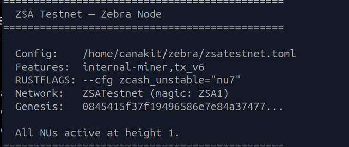 A terminal screen showing ZSA Testnet – Zebra Node configuration details, including config path, features 'internal-miner,tx_v6', RUSTFLAGS setting 'zcash_unstable="nu7"', network 'ZSATestnet', and genesis hash, with the message 'All NUs active at height 1.'