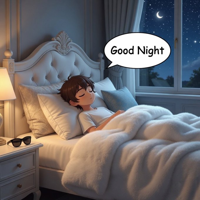 An anime-style illustration of a boy sleeping in a bed under a blanket with a speech bubble saying 'Good Night', with a night sky and crescent moon visible through the window.