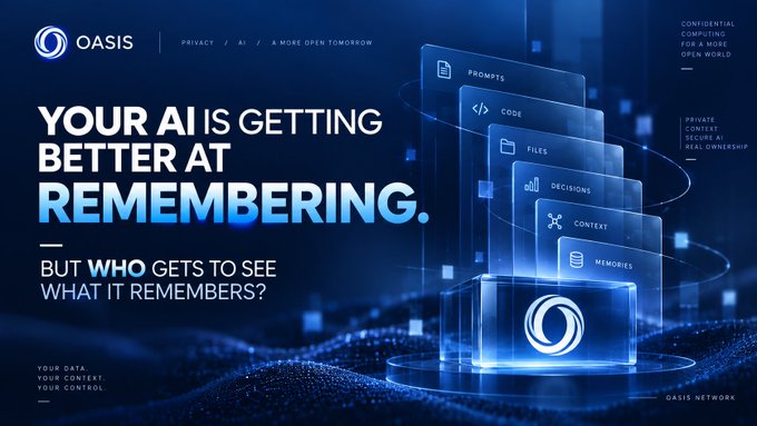 A marketing banner for OASIS asking "YOUR AI IS GETTING BETTER AT REMEMBERING. BUT WHO GETS TO SEE WHAT IT REMEMBERS?" featuring stacked digital panels labeled Prompts, Code, Files, Decisions, Context, and Memories, with messaging around private context, secure AI, and real ownership.