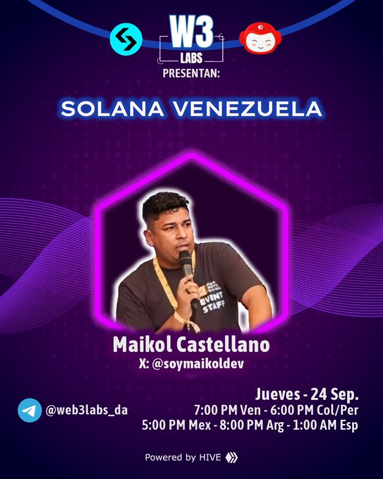 A promotional graphic for a Solana Venezuela event presented by W3 Labs, featuring speaker Maikol Castellano (X: @soymaikoldev) scheduled for Thursday, September 24th, with times listed for Venezuela, Colombia/Peru, Mexico, Argentina, and Spain.