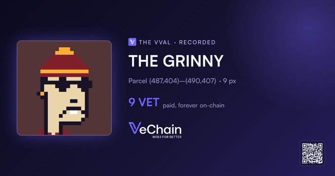 A pixel art NFT titled 'THE GRINNY' displayed on VeChain, showing a character with a red hat and toothy smile, priced at 9 VET paid forever on-chain.