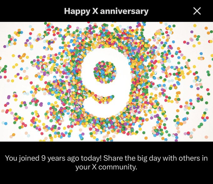 A celebratory X anniversary notification titled "Happy X anniversary" features the platform's bird logo formed from colorful confetti dots, with text below announcing "You joined 9 years ago today! Share the big day with others in your X community," marking a 9-year milestone on the platform.