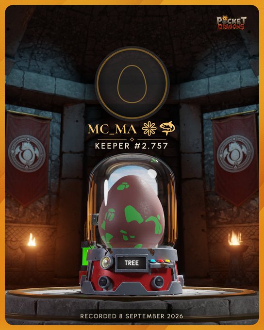 A digital trading card from Pocket Dragons featuring a spotted egg in a gumball-style machine labeled 'TREE', identified as 'MC_MA' Keeper #2,757, recorded 8 September 2026.