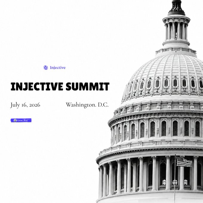 Promotional graphic for the Injective Summit on July 16, 2026, in Washington, D.C., featuring the U.S. Capitol dome alongside the Injective logo and an RSVP button.