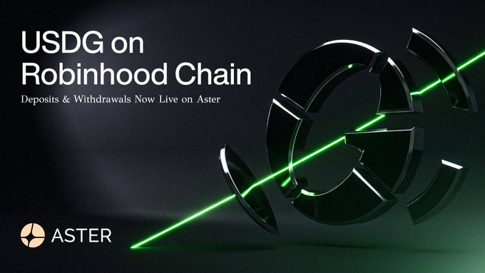 Aster announces that USGD deposits and withdrawals via Robinhood Chain are now live, marking another direct route into the Aster ecosystem, alongside its signature Aster logo set against a striking green laser-lit background.