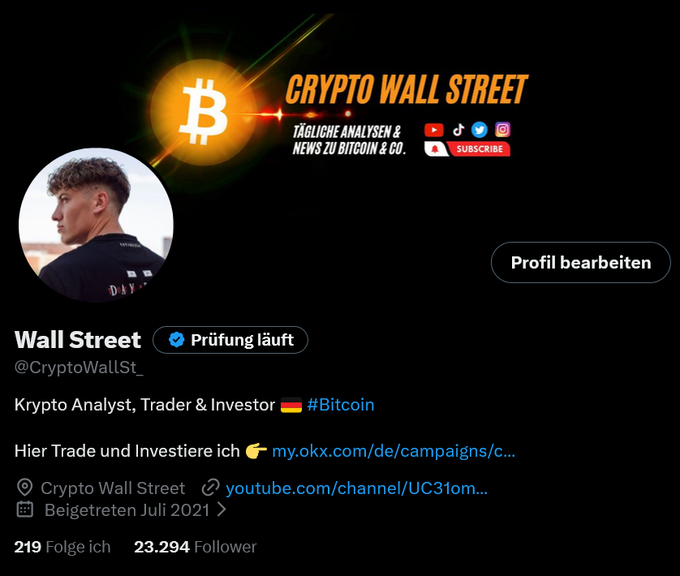 A Twitter/X profile for "Crypto Wall Street" (@CryptoWallSt_) is shown, but the display name now reads only "Wall Street" with a "Prüfung läuft" (verification pending) badge—matching the post where the user accidentally dropped "Crypto" from their name while editing and is now locked out of changing it back.