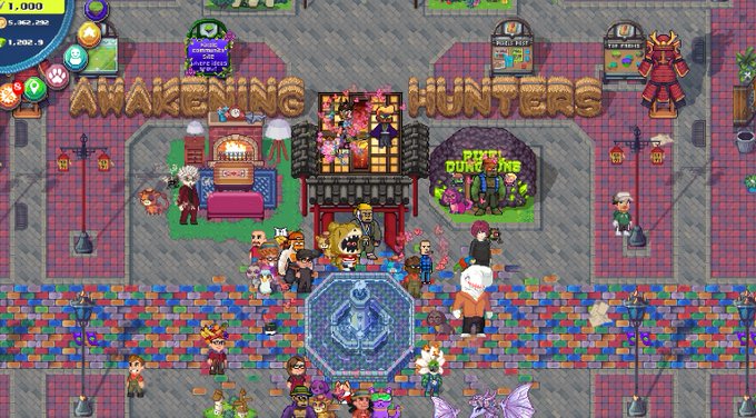 Screenshot of a pixel art online game called 'AWAKENING HUNTERS' showing various character avatars, a 'PIXEL DUNGEONS' building, and in-game currency/stats in the top corners.