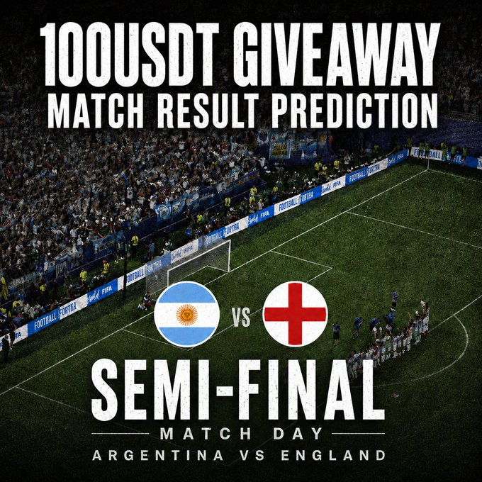 A promotional graphic for a "100 USDT GIVEAWAY" match result prediction contest for the Argentina vs England semi-final, featuring the national flags of both teams against a stadium backdrop with FIFA branding. The image ties into the BTCC crypto exchange giveaway, where participants must predict the final score using #BTCC15 to win prizes.
