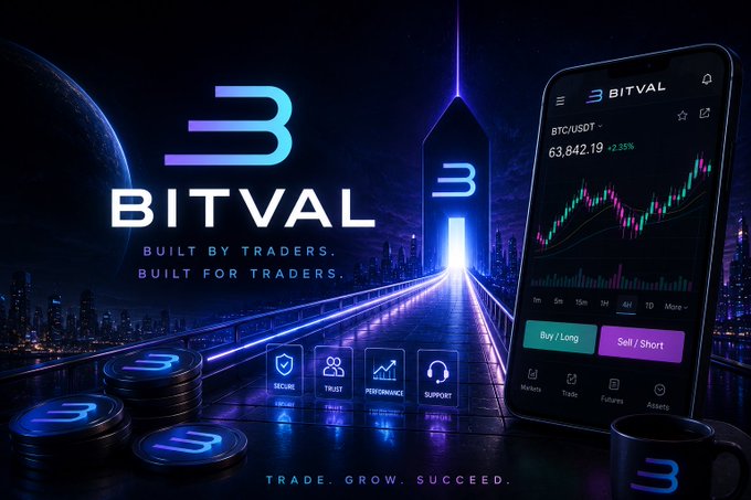 Promotional banner for BITVAL with the tagline 'BUILT BY TRADERS. BUILT FOR TRADERS.' and 'TRADE. GROW. SUCCEED.', showing BTC/USDT at 63,842.19 (+2.25%) on a smartphone trading app interface.