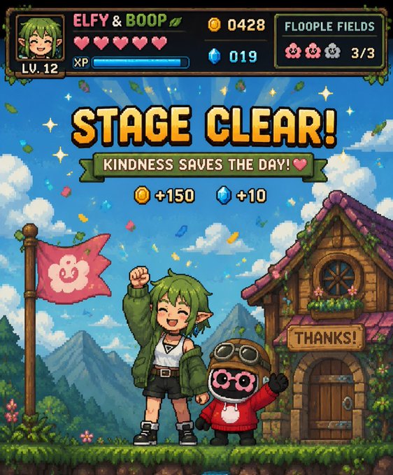 A digital art piece features a cartoon character, "Ely", and a fairy, "Boop", on a stage with a banner that reads "Stage Clear! Kindness saves the day!".