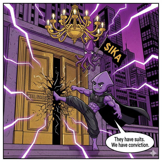 A cartoon-style illustration shows a purple squid-headed superhero breaking through a 'Wall Street' door, declaring 'They have suits. We have conviction.' while holding a '$IKA' flag.