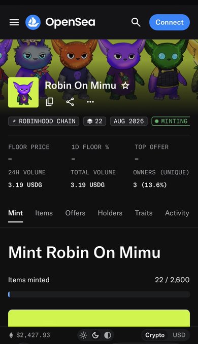 A screenshot of an OpenSea NFT minting page for 'Robin On Mimu' on the Robinhood Chain, showing 22 items minted out of 2,600 with low volume and 3.19 USDG totals.