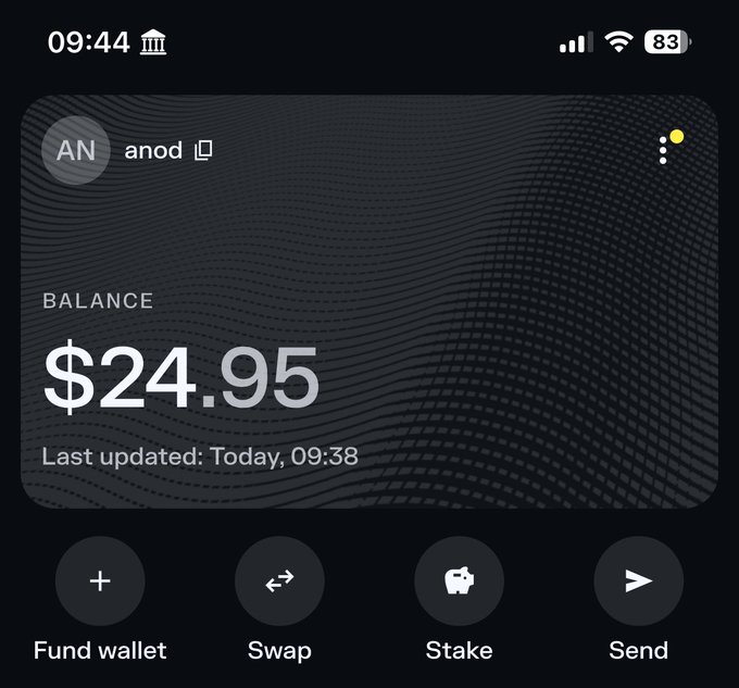 A mobile wallet interface for "anod" displays a balance of $24.95, with the post humorously suggesting that's just enough to cover the cost of breakfast. The wallet offers options to Fund, Swap, Stake, or Send funds.