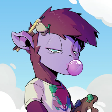 A cartoon illustration of a purple character with a pink bubblegum bubble blowing, featuring stitched details on their clothing.