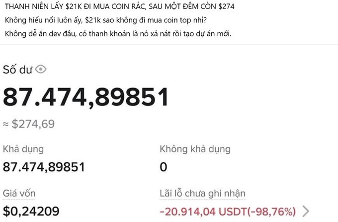 A Vietnamese-language crypto trading app screen showing a portfolio with 87,474,89851 units (≈$274.69) and a notable unrealized loss of -20,914.04 USDT (-98.76%), with a headline about a young person spending $21k on junk coins and ending up with $274.