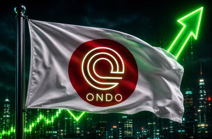 A flag bearing the "ONDO" logo waves before a glowing green upward arrow and city skyline, symbolizing ONDO's partnership with Japan's $250B SBI Group to tokenize Japanese stocks and signaling bullish growth for the project.