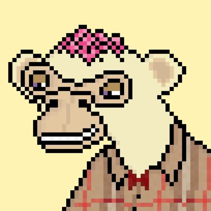 Pixel art portrait of a monkey wearing a pink bow on its head, sporting a stern expression and a plaid shirt against a pale yellow background.