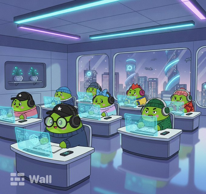 Cartoon illustration of various characters wearing headsets working at computers in a futuristic office, with the 'Wall' logo in the corner.