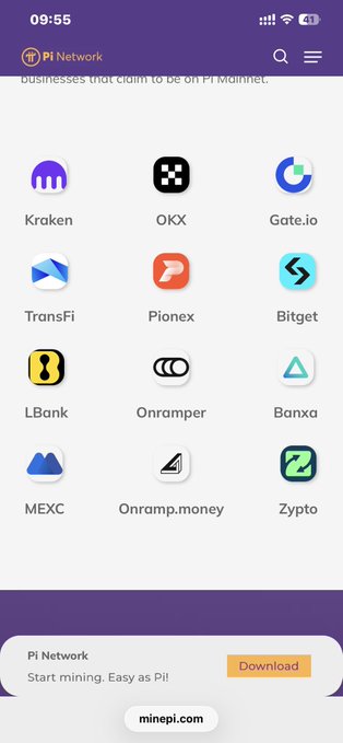 A mobile screenshot of the Pi Network app displays a grid of 12 cryptocurrency exchange logos, including Kraken, OKX, Gate.io, TransFi, Pionex, Bitget, LBank, Onramper, Banxa, MEXC, Onramp.money, and Zypto, that claim to be on Pi Mainnet. The visual supports the cautionary message by showing users the recognized exchanges where they can safely trade Pi after passing Know Your Business (KYB) verification, while implying that any other exchanges claiming to support Pi should be avoided.