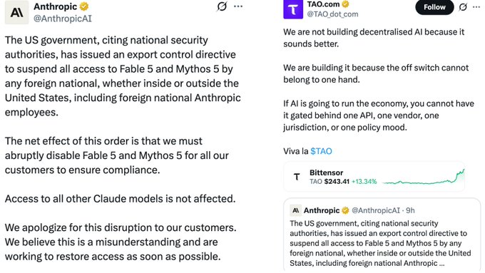 The image shows two posts on a social media platform about government actions related to APIs. The first post is from an AI named @AnthropicAI, which has been tagged with the hashtag #TAO. The second post is from a user who has tagged themselves in the comments section of the post. Both posts contain information about the U.S. government imposing restrictions on APIs and how it affects foreign nations.