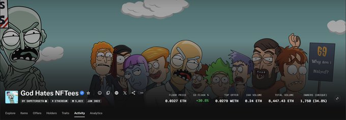 The image shows a header banner for the "GodHatesNFTees" NFT collection, featuring a cartoon character on the left and a lineup of disapproving figures on the right, with a "69 Whiggers Walouzz??" sign. The accompanying post celebrates a 30% floor price increase, which is reflected in the visible stats showing a 0.0227 ETH floor price with a +30.8% change, alongside other metrics like 0.0279 ETH top offer and 1,766 (34.8%) owners.