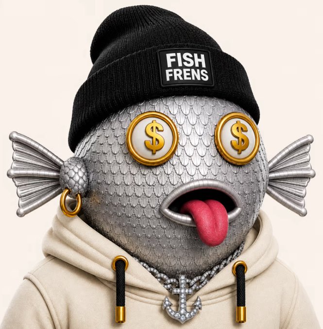 A 3D character of a fish wearing a black 'FISH FRENS' beanie, gold dollar sign eyes, a diamond chain, and a hoodie.