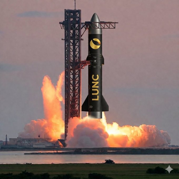 A black rocket branded with "LUNC" and a crescent logo launches dramatically from a coastal pad, billowing bright orange flames and smoke as it ascends, visually symbolizing the post's bullish call for $LUNC to take off.