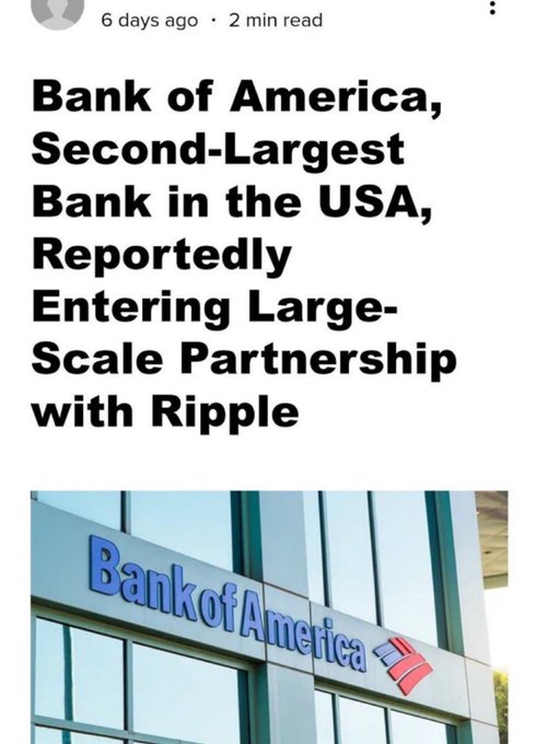 A social media post headline reading "Bank of America, Second-Largest Bank in the USA, Reportedly Entering Large-Scale Partnership with Ripple," accompanied by an image of the Bank of America logo and signage on a glass building, promoting a speculative claim about an upcoming XRP partnership and exchange listing.