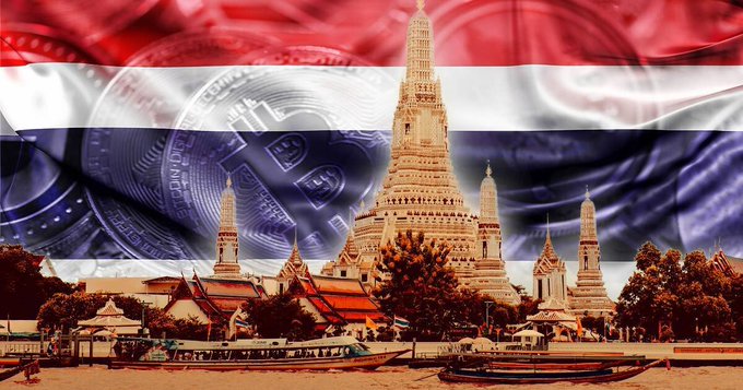 Composite image blending the Thai flag and a Bitcoin coin overlay with a view of Wat Arun (Temple of Dawn) in Bangkok.