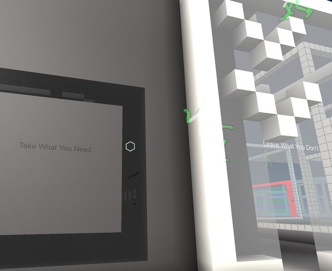 A voxel-based virtual gallery display shows a digital screen reading "Take What You Need" alongside a window displaying "Leave What You Don't," reflecting the post's theme of an interactive CryptoVoxels art installation titled "Open Wallet" that encourages visitors to symbolically give and take.