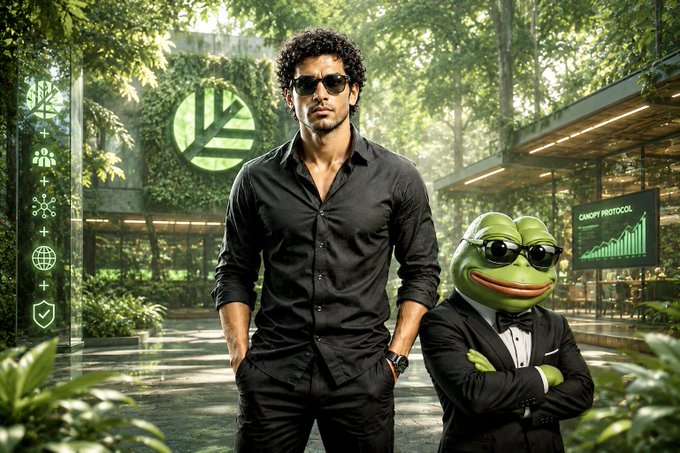 An AI-generated image shows a man in a black shirt and sunglasses standing next to a frog wearing a tuxedo and sunglasses, set against a futuristic, plant-filled high-tech background with green UI elements and a screen reading 'CARBONY PROTOCOL'.