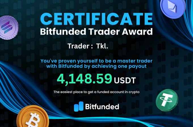 The image features an award for being the best bitfunded trader of Bitcoin currency. The certificate has been awarded to Tkl, which means he has achieved the highest level of success at trading Bitcoins. He has successfully gained 4,148.59 USDT in funds through his trading activities.