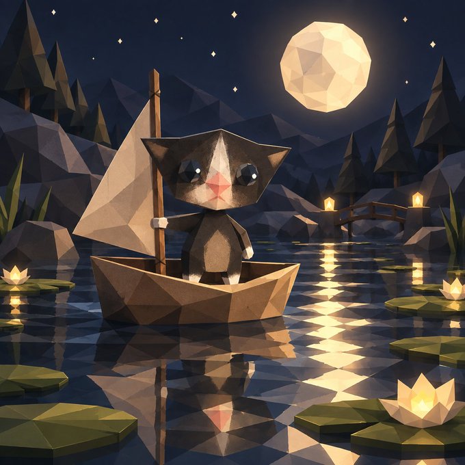 A low-poly 3D digital illustration of a cute cat with large dark eyes standing in a small wooden sailboat on calm water at night, illuminated by a low-poly full moon and glowing lotus flowers.