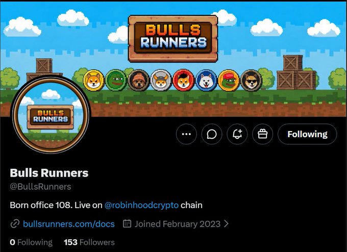 The image shows the Twitter/X profile page for "Bulls Runners" (@BullsRunners), displaying a pixel-art banner with eight colorful cartoon bull characters and the project's logo, alongside their bio stating "Born office 108. Live on @robinhoodcrypto chain" with 153 followers and a February 2023 join date—matching the post's promotion of the project's free mint, 4200 supply launch with bonding curve mechanics and NFT vaults.