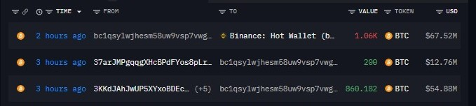 A cryptocurrency transaction tracker showing large Bitcoin movements, including a 1.06K BTC transfer to a 'Binance: Hot Wallet' valued at $67.52M, alongside other transactions worth $12.76M and $54.88M.