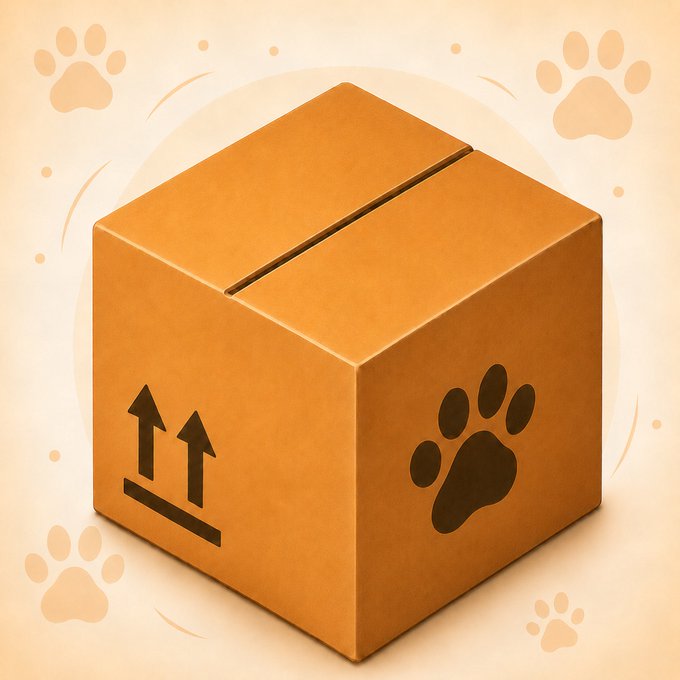 A cardboard shipping box illustrated with a paw print and upward shipping arrows sits amid floating paw-print motifs, visually representing $SEND's mission of converting creator fees into physical deliveries—such as donations to DuPage County Animal Services, which has seen a 30% increase in kittens this year.