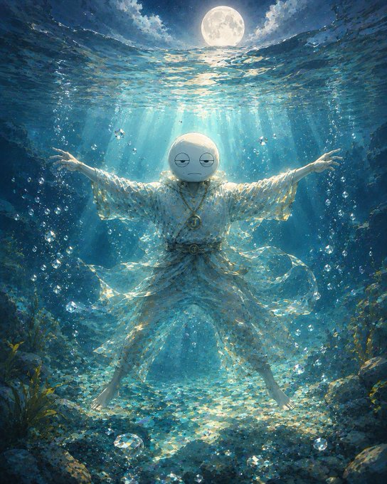 A digital painting of a figure in a flowing white robe with a smooth, expressionless white mask, floating in a starry underwater scene illuminated by a full moon above the surface.