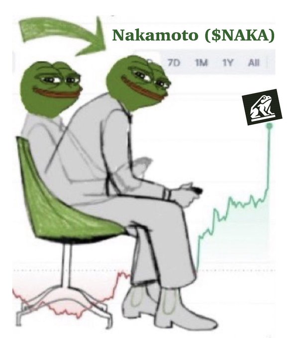 A meme image of two figures with Pepe the Frog heads in suits sitting on a chair, pointing to a stock chart with an arrow labeled 'Nakamoto ($NAKA)' showing a rising green trend line.