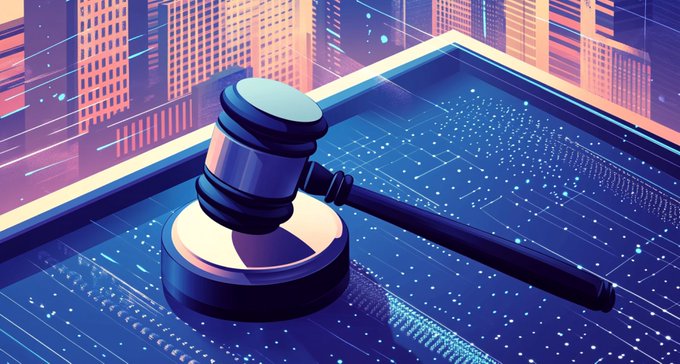 A stylized digital illustration of a judge's gavel resting on a block, set against a backdrop of skyscrapers and data visualizations in blue and purple tones.