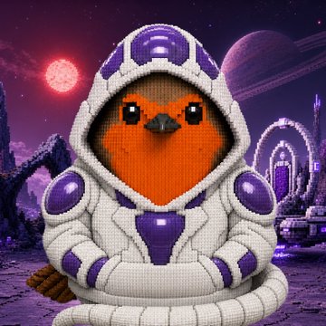 A digital illustration of an orange bird character wearing a white and purple astronaut suit against a cosmic purple background with planets and a futuristic city.