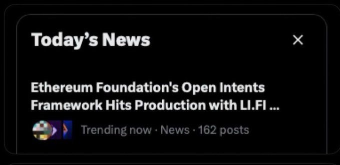 The image shows a social media post with a black background, white text, and an image of a postcard or flyer. The main focus of the post is that a new post has been created about Etherium Foundation's open intentions for a framework hit production with LIFI ... .