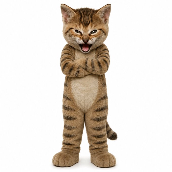 A humorous image of a tabby cat's face and paws superimposed onto a human body wearing a furry animal suit, standing with arms crossed and an open-mouthed expression.