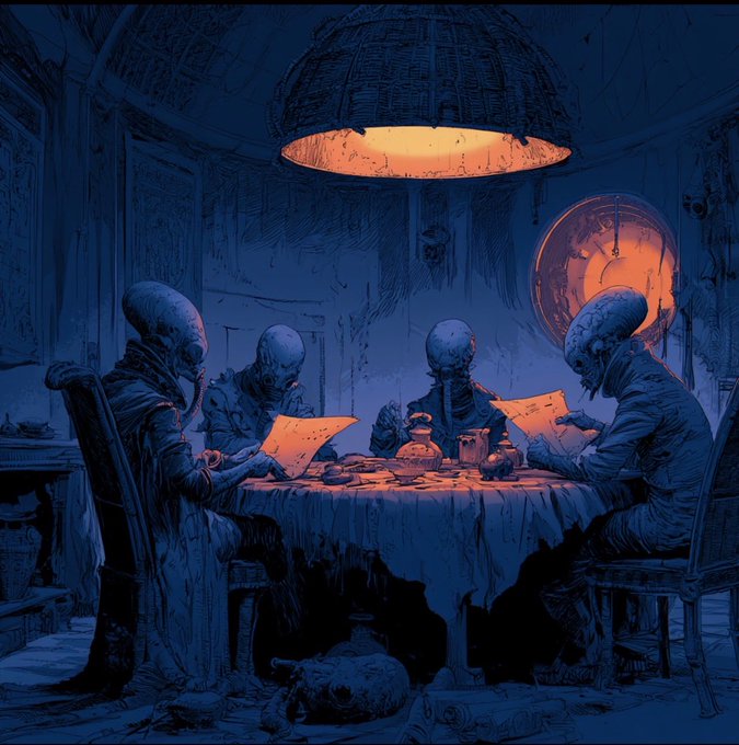 A dark, eerie illustration of alien-like figures seated around a table under a hanging lamp in a shadowy room.